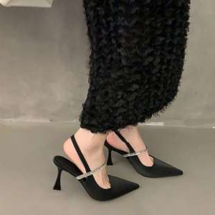 Rhinestone Toe-Cap Sandals with Skirt, Black High Heels, Small Fragrance Style 2025 Summer Style French Stiletto Pointed Toe Shoes for Women