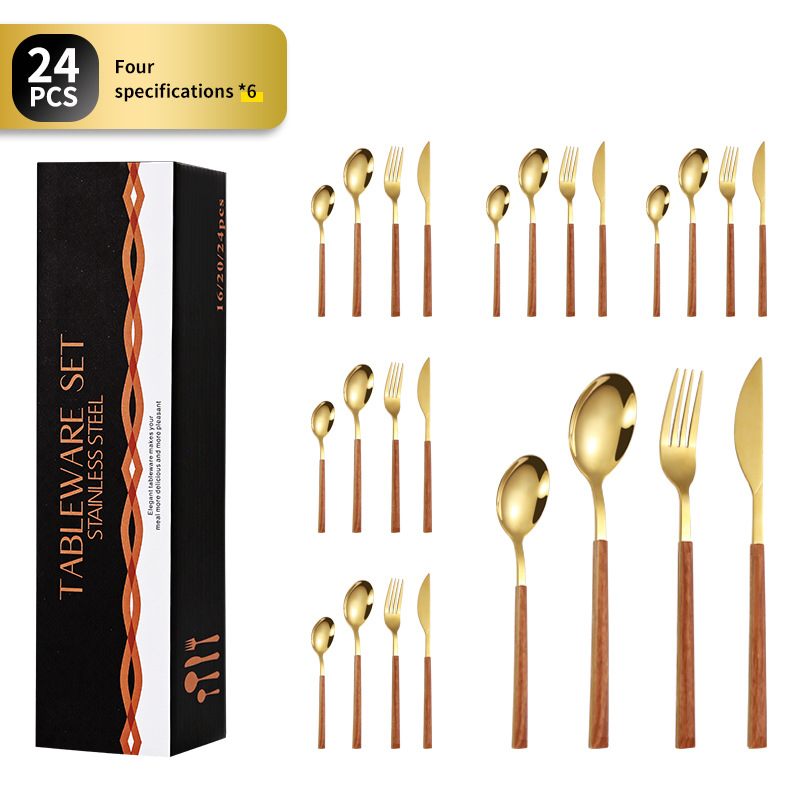 Amazon imitación de acero inoxidable mango de madera vajilla cuchillo de carne nórdica tenedor cuchara de postre creativo chapado en oro mango de clip cuchara de grano de madera