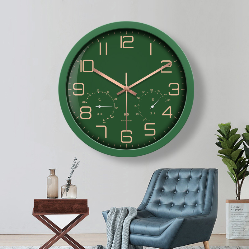 ⇗温湿度设计电波钟自动对时钟表挂钟客厅石英钟表免打孔时钟挂墙