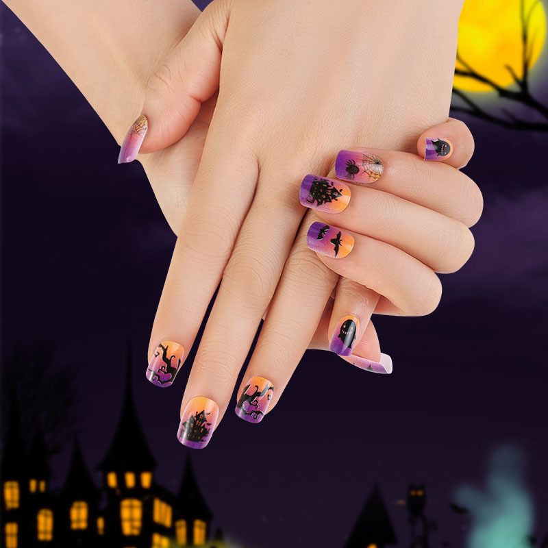 Uñas parche desgaste uñas UÑAS DE Halloween púrpura francés borde negro fantasma murciélago telaraña desgaste manicura de uñas