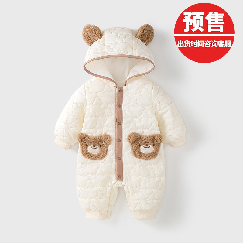 Ropa de bebé para otoño e invierno, conjunto de una pieza de algodón grueso con forro polar fino para niños, chaqueta de algodón con diseño de oso para recién nacidos, ropa para salidas de invierno.