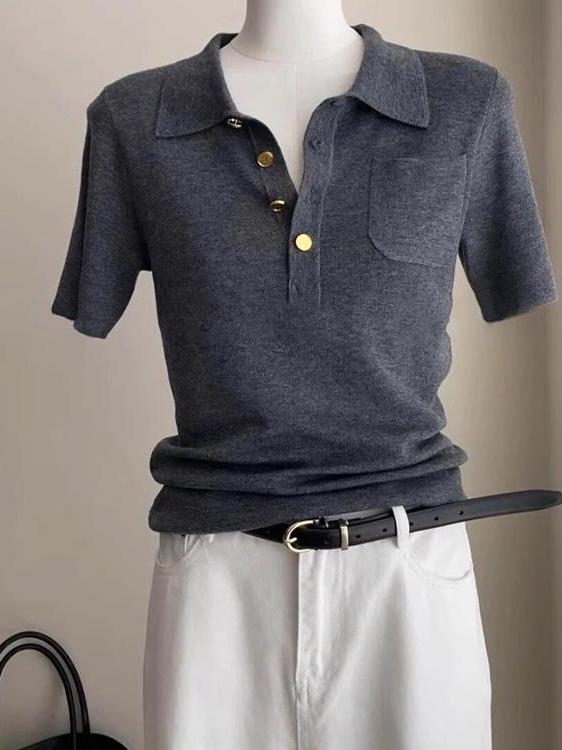 Áo polo nữ tay ngắn ôm body màu xám cao cấp — đen