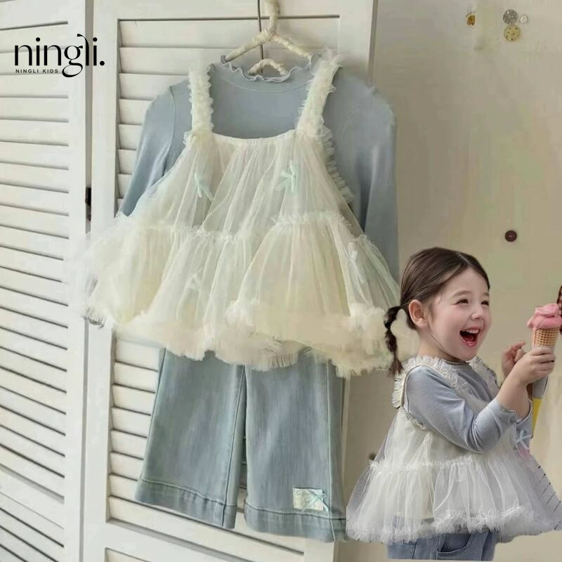 柠里 Spring cute set, base jeans, Korean style, lifting effect, 3 piece set