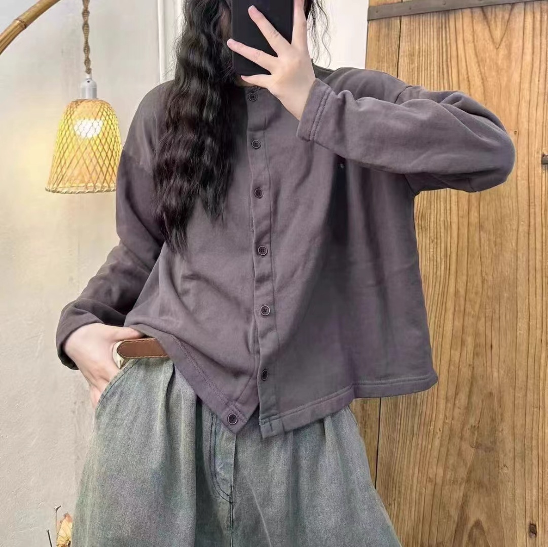 テリーコットン系のカーディガン女性の丸首カーディガン2025春の新型のゆったりしたカジュアルファッションのキャンディー色の上着