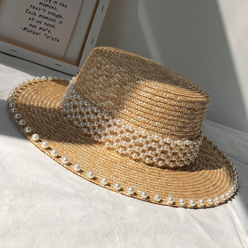 1260g Weight Sun Hat Hats Type Casual, Outdoor Occasion Straw Material Solid Color Pattern Summer Season Women's Gender Pearl Design Elegant, Simple Style Style Big Eaves Rim Women's Elegant Simple Style Solid Color Pearl Big Eaves Sun Hat 6