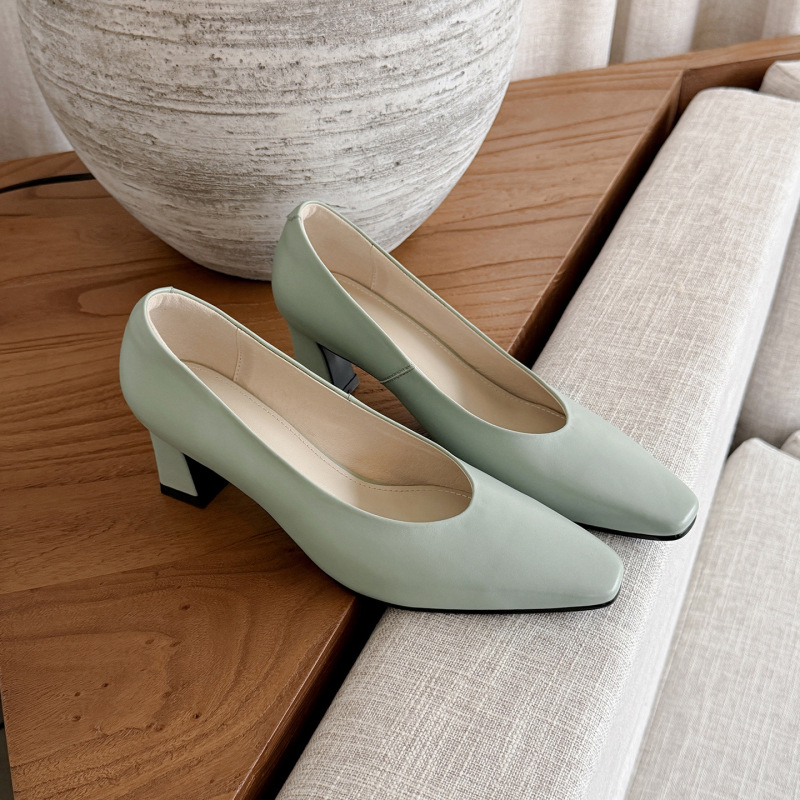 First-Layer Cowhide Chengdu Handmade Women's Shoes Wholesale Small Square Toe Shallow High Heels Chunky Heel Work Professional Single Shoes Women Size 40