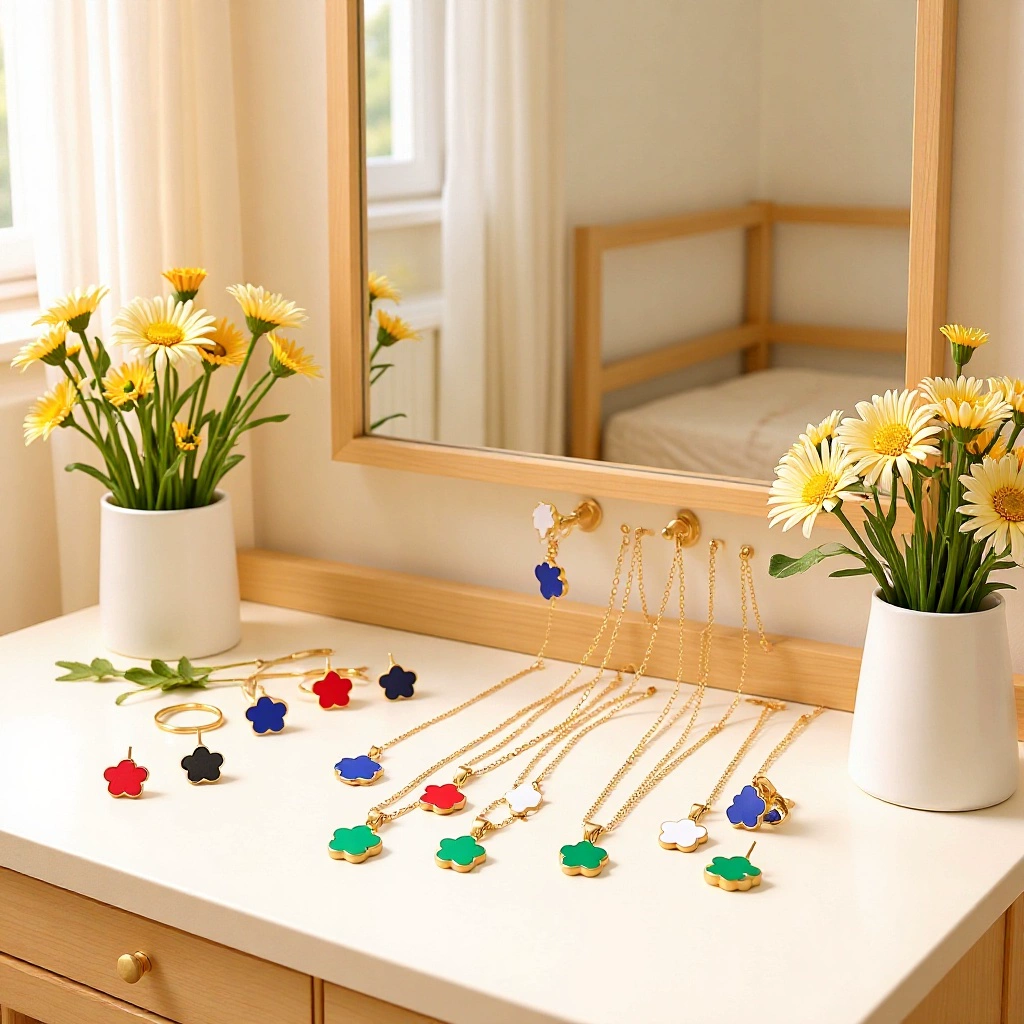 Набор украшений "Четырехлистный клевер" из 4 предметов, популярный трансграничный набор с цветком удачи для женщин Xiyin TEMU: колье, браслет, серьги