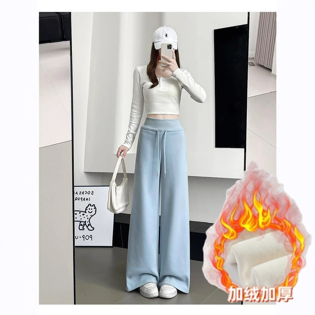 抖音品質の裏起毛ハイウエストスポーツパンツ レディース 2025年新作 アメリカンカジュアル 着痩せ効果のあるスウェットパンツ ストレートワイドレッグパンツ