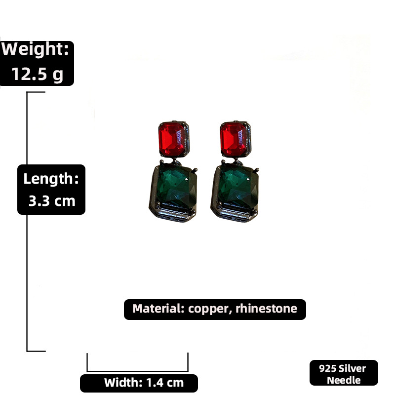 Fashion retro emerald inlaid rhinestone square copper earrings