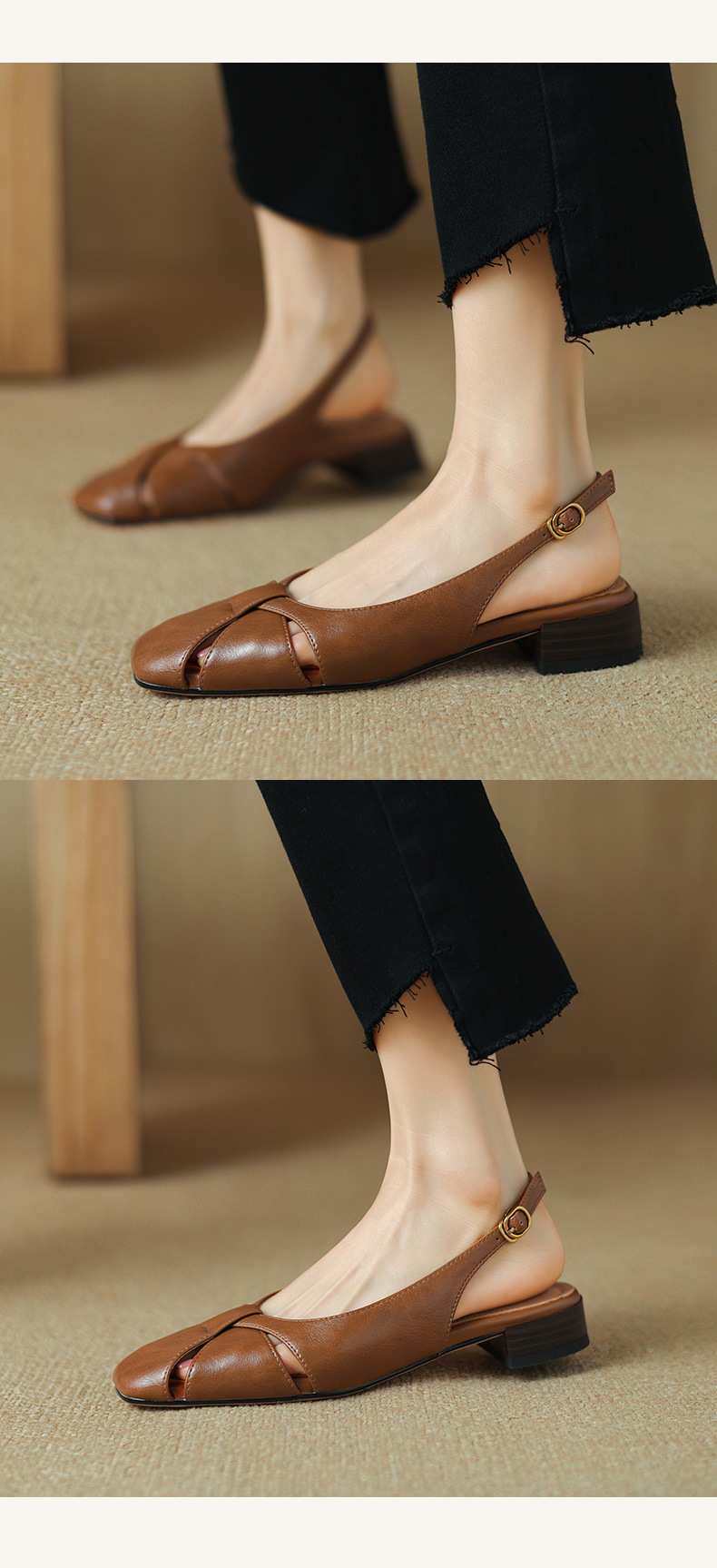 Sandal nữ bít mũi quai chữ V đế bệt đơn giản — Màu nâu chi tiết 10