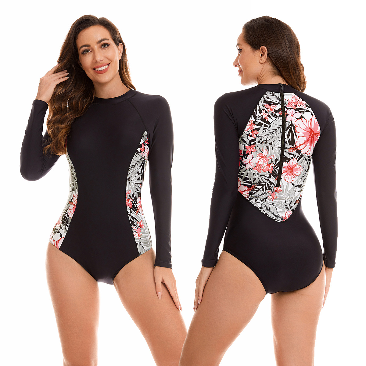 Traje de surf de manga larga de una pieza de comercio exterior europeo y americano traje de baño de mujer a prueba de sol traje de baño sexy traje de baño Oni flor 28062