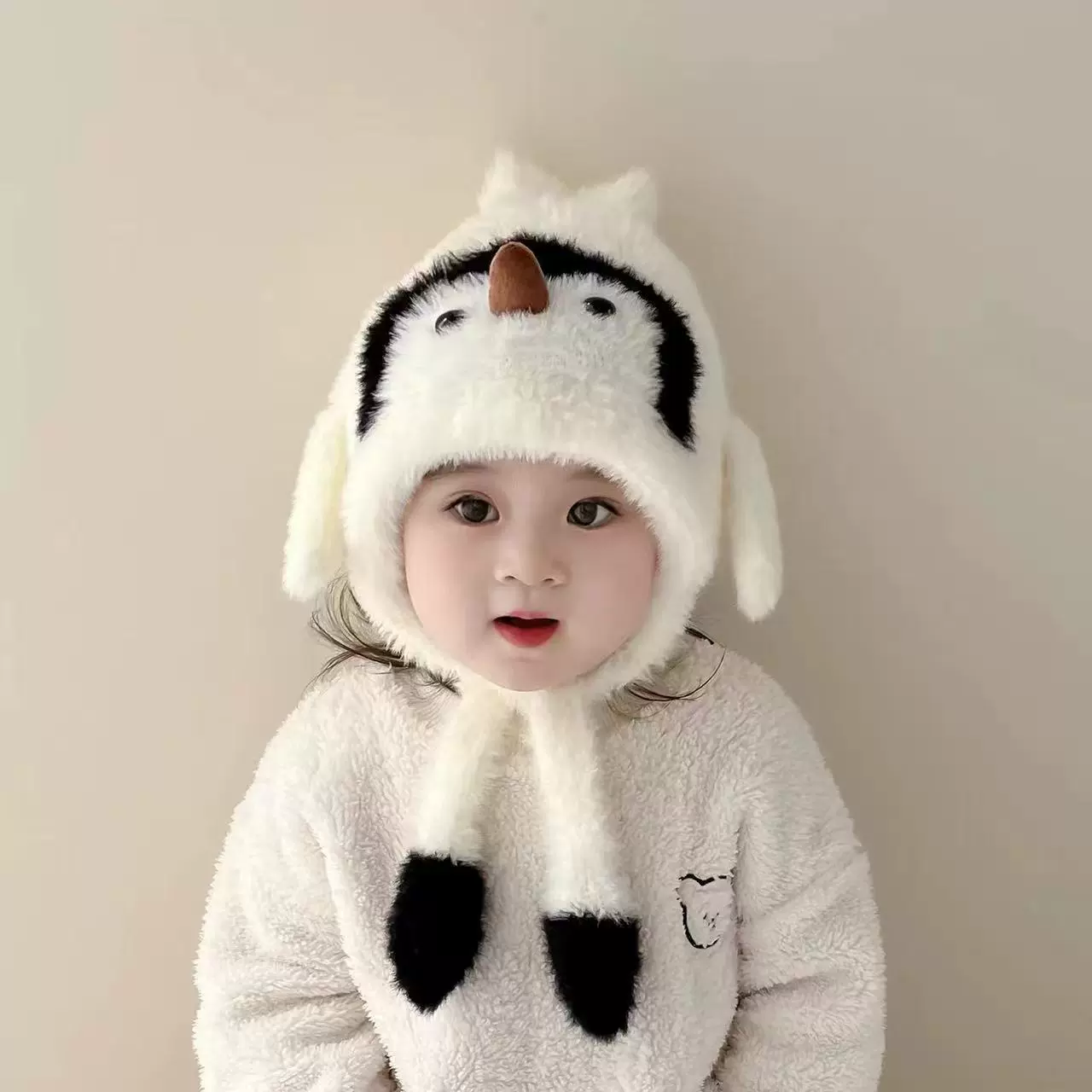 秋冬季儿童卡通企鹅毛绒护耳帽秋冬保暖可爱多色防风防寒宝宝帽子