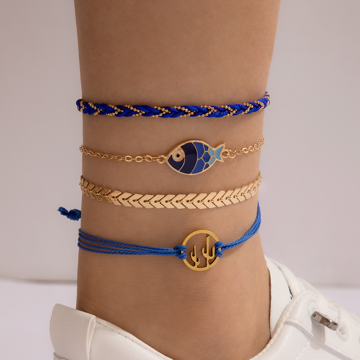 Cross-border Anklet Blue Braided Rope Cactus Fish Marine Elements Beach Style Four-piece Anklet display picture 2