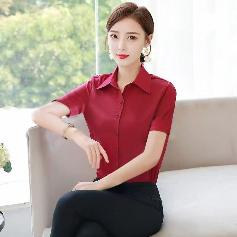 White Shirt Women's Summer Short-sleeved Business Wear Korean-style Slim-fit Half-sleeved All-match plus size Workwear Shirt Women's Overalls Blue