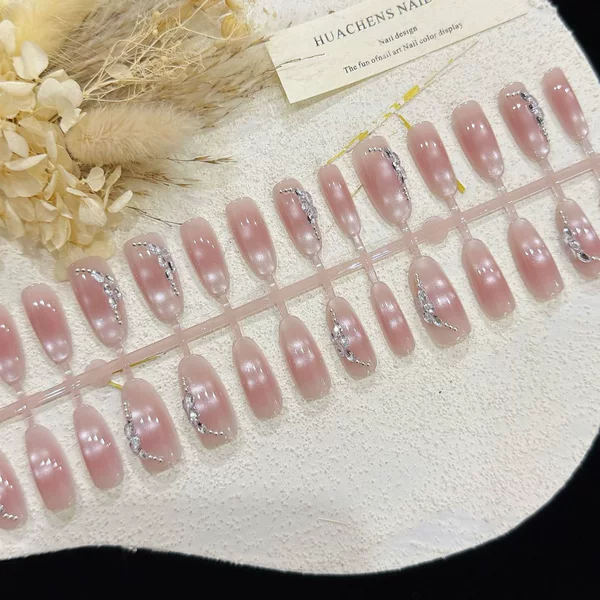 【Qinghuan】New Xiaohongshu Style Diamond-Embellished Wearable Nails, Glass Bead Cat Eye Nail Stickers, Light Luxury Ins Style Wholesale