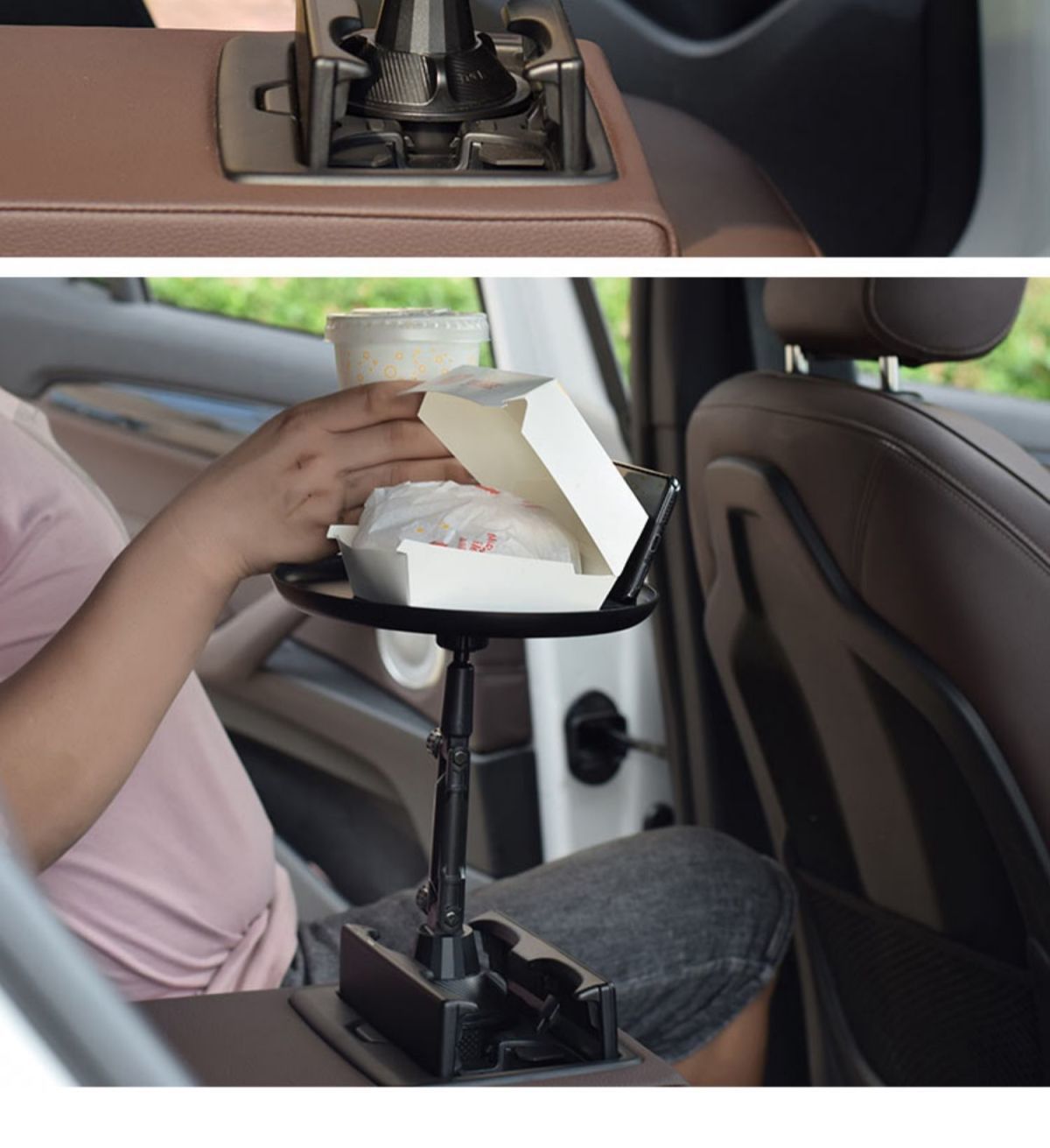 Car-mounted foldable small table, floating in-car dining tray, car dining table, cup holder, water cup slot, phone stand, storage tray