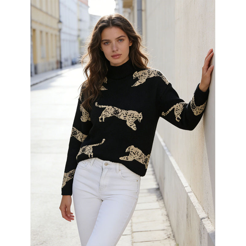 New Cross-Border Style Versatile Half-Turtleneck Sweater for Women, Autumn and Winter Leopard Color-Blocking Jacquard Knit Top