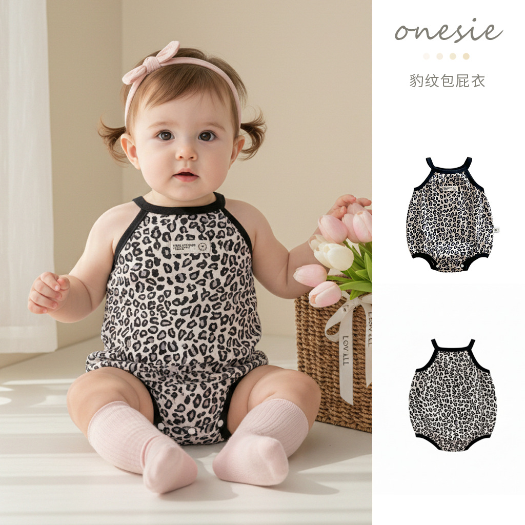 2026 New Summer Jumpsuit for Newborn Baby, Cute Leopard Print Baggy Clothes, Sling Triangle Hoodie, Summer Clothes