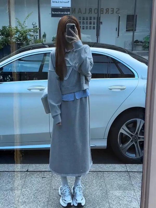 学院风减龄时尚穿搭套装女秋冬季加厚假两件卫衣半身长裙两件套裙|undefined