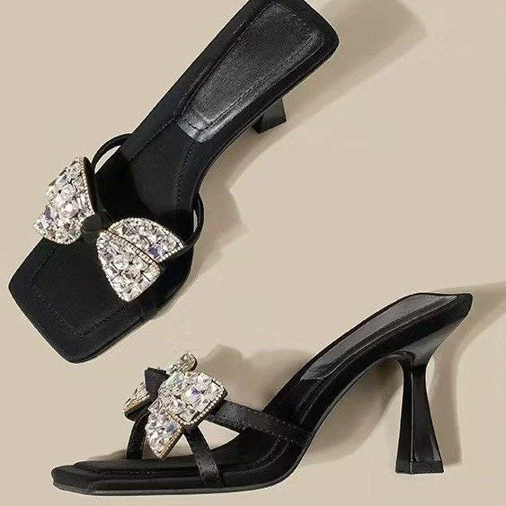 Женские летние босоножки с открытым носком, черные, с бантом из страз, квадратный носок, на высоком каблуке-шпильке, не утомляющие ноги.