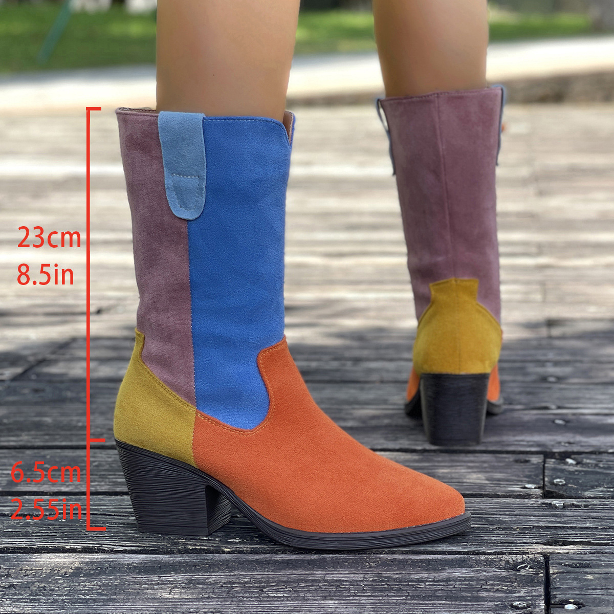 Women's Cowboy Boots Colour Blocked Pointed Toe Mid Heel Western_voghion.com
