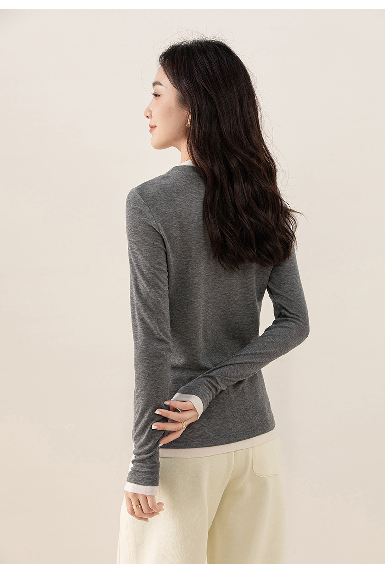 Áo thun giả hai mảnh nữ cổ tròn, chất len Tencel mỏng nhẹ, phối màu patchwork — đen chi tiết 28