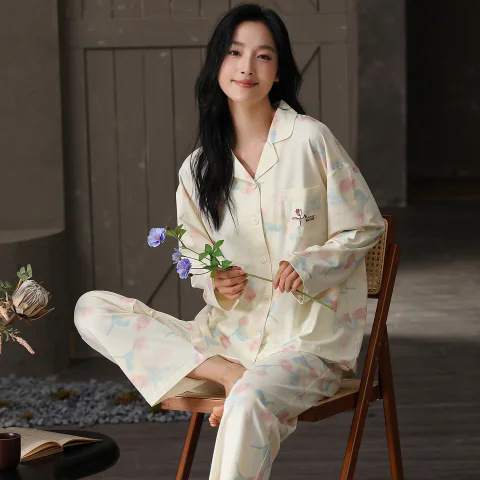 春秋新款睡衣女纯棉7A抗菌长袖长裤宽松开衫翻领家居服套装可外穿|undefined