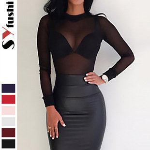 2024 Cross-Border Export Summer Women's Sexy Ultra-Thin Mesh Elastic Tight Long-Sleeved Half Turtleneck Bottoming Shirt