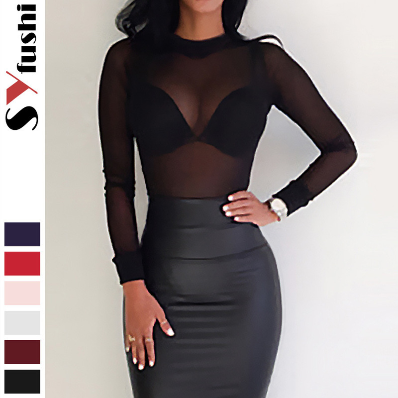 Cross-Border Foreign Trade Versatile Base Layer Women's Clothing Sexy Ultra-Thin Mesh High-Elasticity Tight-Fitting Long-Sleeve Half-High Collar Base Shirt