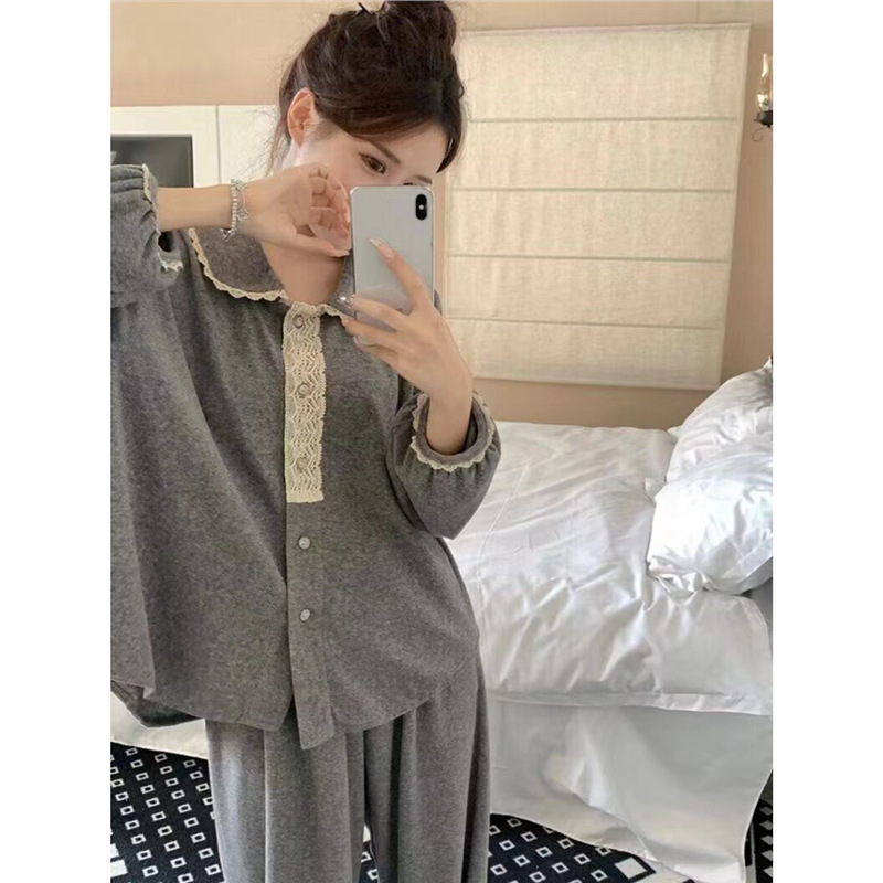 Pajamas with Breast Pads for Women, Spring and Autumn Long-Sleeved Korean Style Lace Loose-Fitting High-Looking Loungewear That Can Be Worn Outside