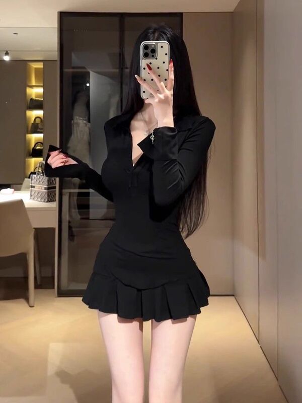 辣妹纯欲深V领长袖t恤女polo领收腰显瘦上衣高腰百褶裙裤两件套秋|undefined