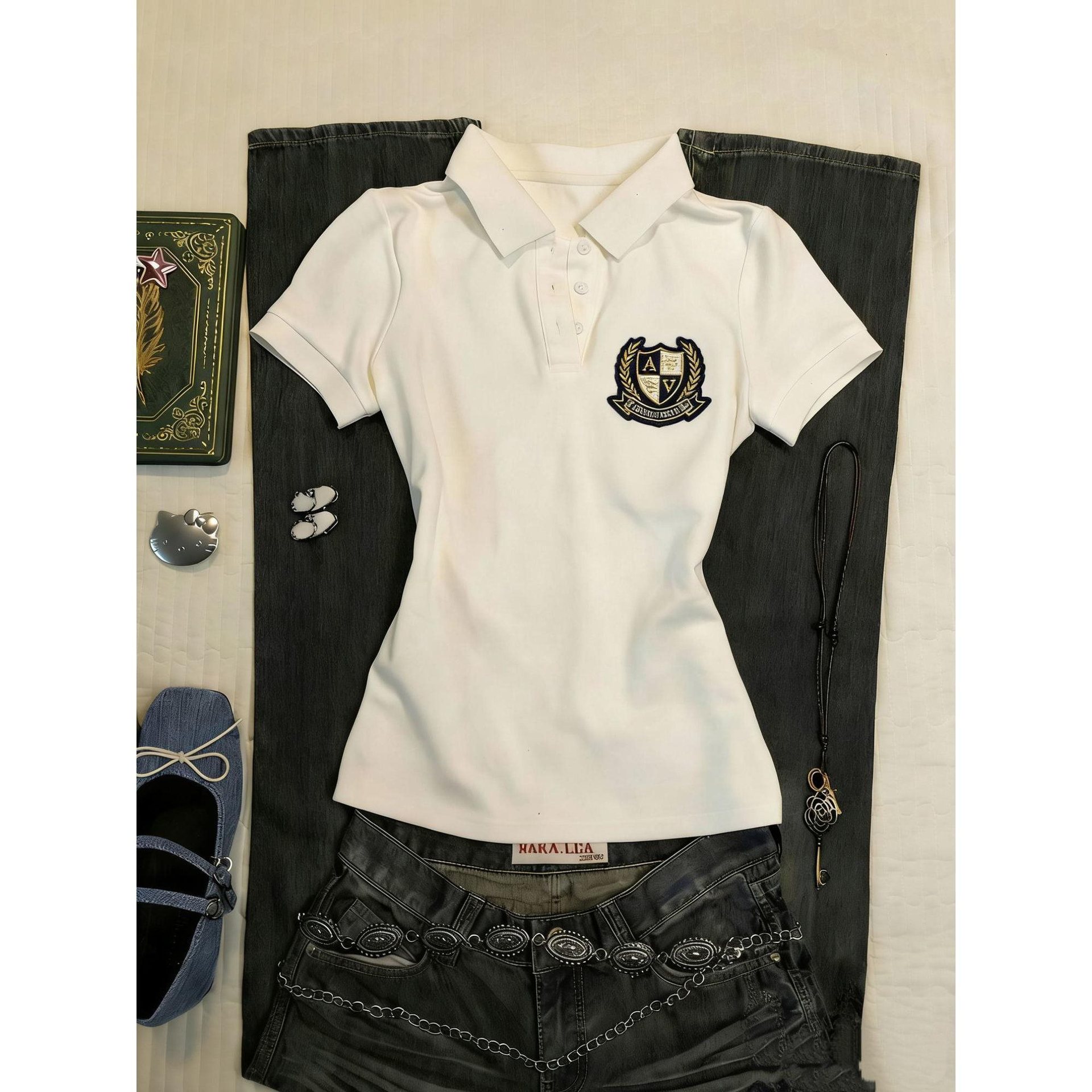 日系JK风修身polo衫 复古校供感印花短袖 甜酷辣妹白色上衣学院风
