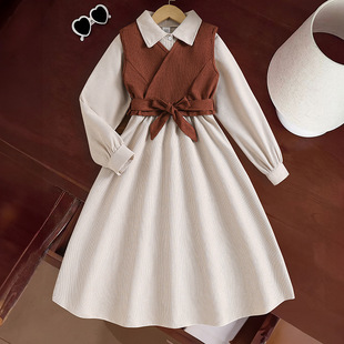 Girls Suit Cross-Border Children's Clothing 2025 Autum New Retro Belt Vest Elegant Long-Sleeved Dress Two-Piece Set