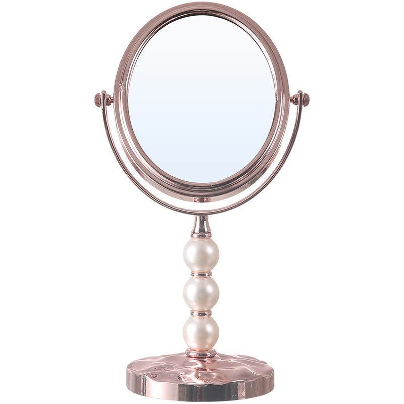 Galvanoplastia de perlas francesas de doble cara maquillaje plástico rotatorio de alta definición hogar doble ampliación espejo de vidrio de escritorio