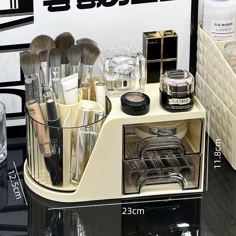 Rotating Cosmetic Organizer, Multi-Compartment Makeup Storage Box with Drawers and Brush Holder
