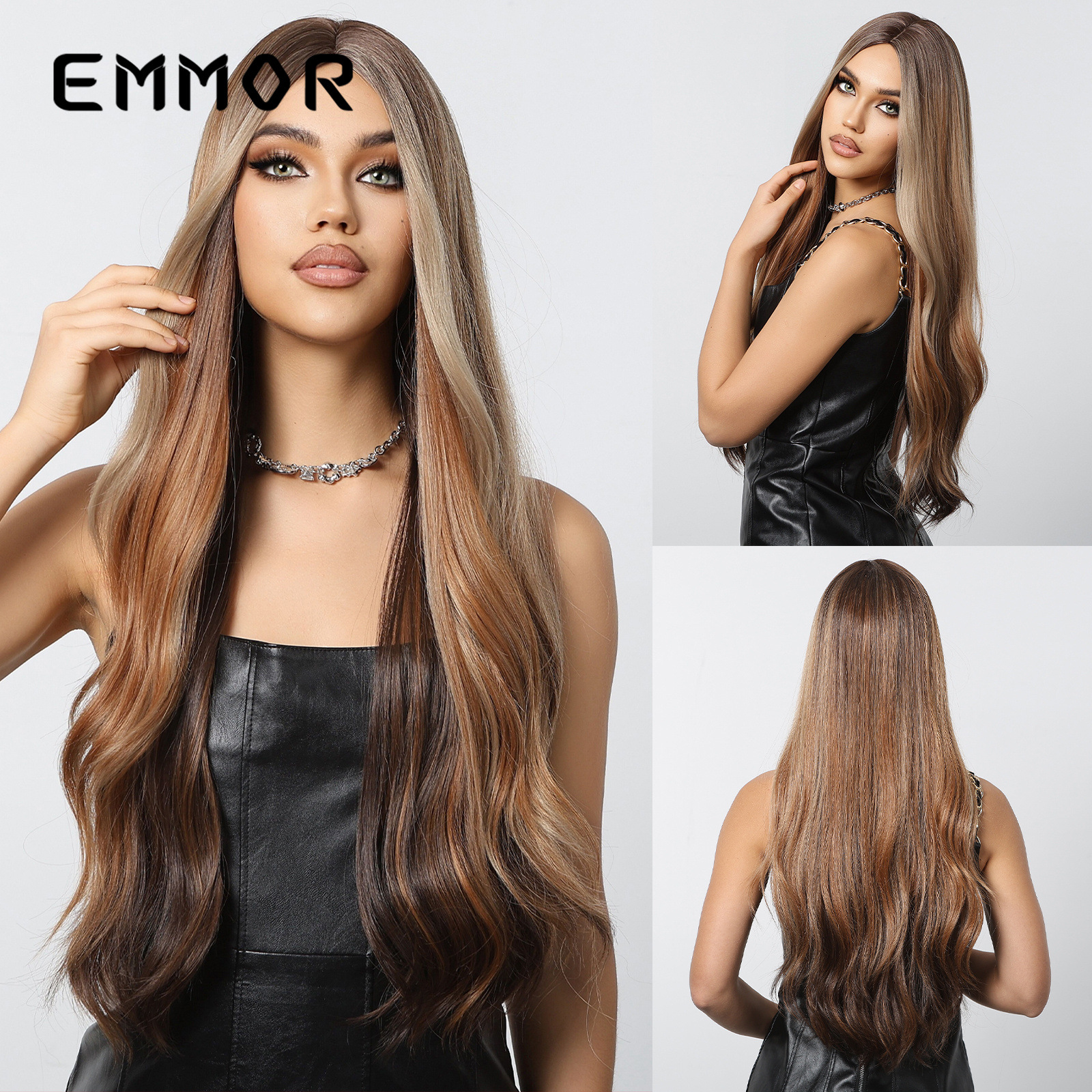 Nuevo estilo transfronterizo estilo europeo y americano wigs cabello largo y rizado gradiente gris marrón seda de alta temperatura peluca de fibra química cubierta completa