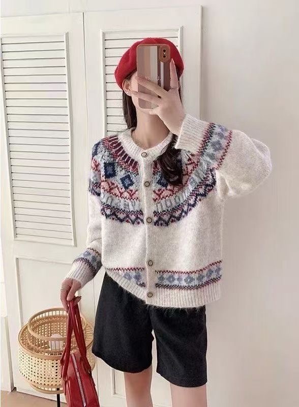 韩系复古费尔岛折线菱形提花针织开衫秋冬新款宽松慵懒风软糯毛衣|undefined