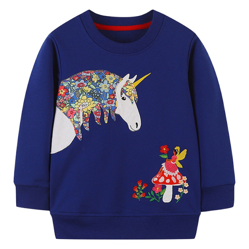 Sudadera infantil estilo europeo y americano, novedad de otoño 25, jersey de cuello redondo bordado con estampado de dibujos animados, top de manga larga para niñas