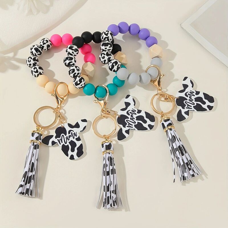 2025 Cross-Border Cow Pattern Wooden Beads Wood Chips Cow Head Western Style Accessories Pendant Bracelet Tassel Keychain