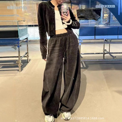 2025秋冬新款小众设计磨毛抓绒休闲百搭松紧腰弯刀牛仔裤男女同款