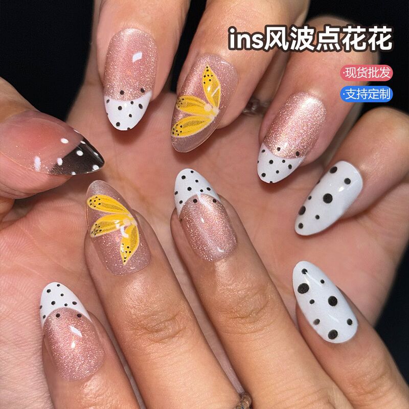 European and American Hot-Selling Contrasting Color Polka Dot Yellow Flower Nail Tips Almond-Shaped White-Edged French Sweet-Cool Translucent Nail Art European and American Hot-Selling Contrasting Color Polka Dot Yellow Flower Nail Tips Almond-Shaped White-Edged French Sweet-Cool Translucent Nail Art