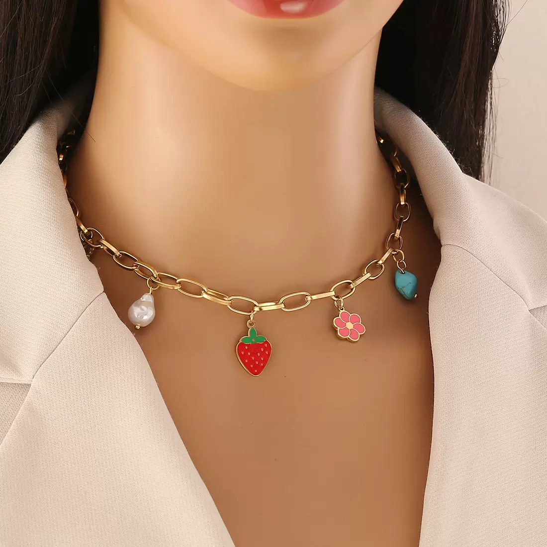 【冰萌】彩色滴胶草莓吊坠女可爱花朵蝴蝶不锈钢项链套装N1480