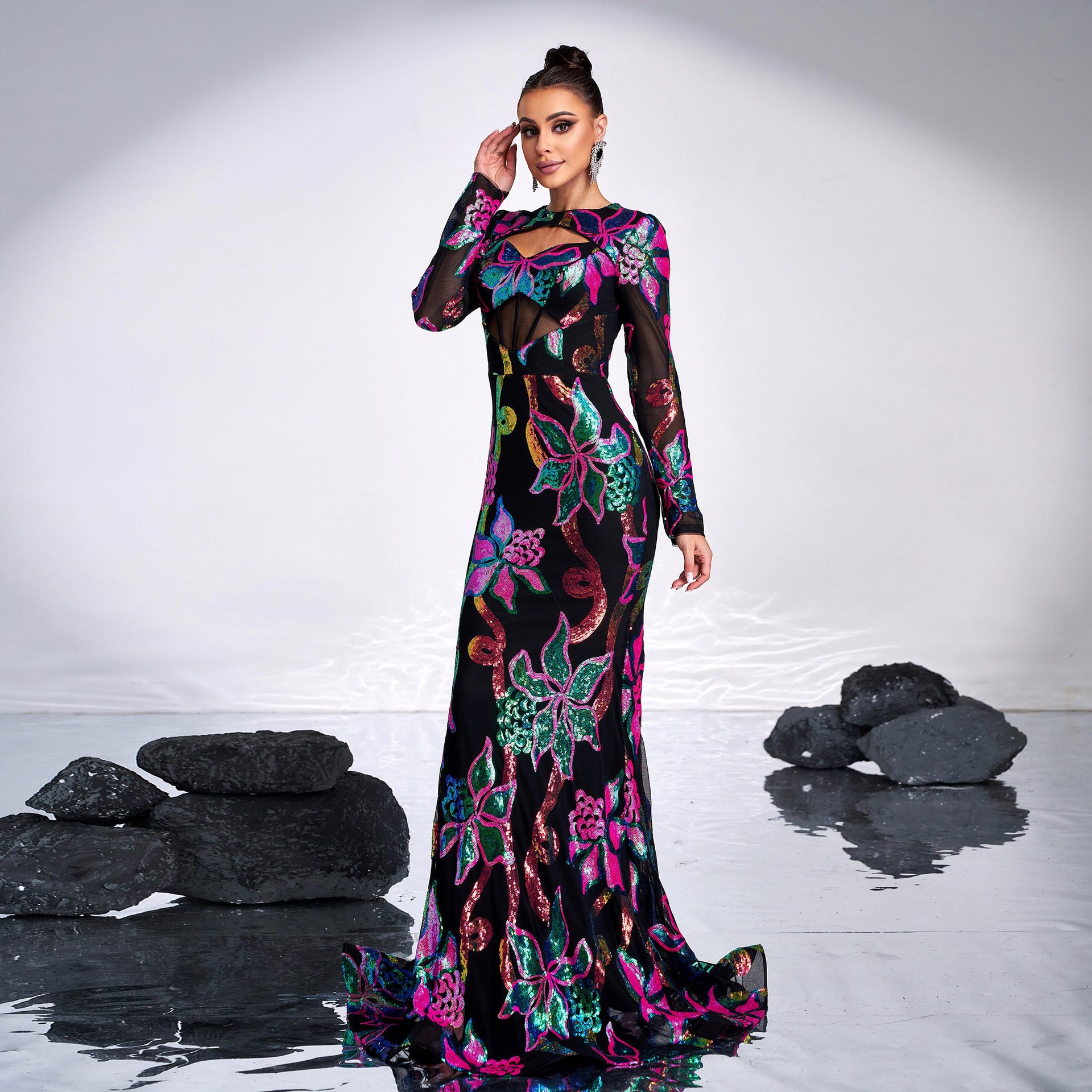 Cross Border European And American Long Sleeved Round Neck Sexy Hollow Long Sequined Banquet Fishtail Evening Dress Bridesmaid Dress Dress Women_ecoleips.com