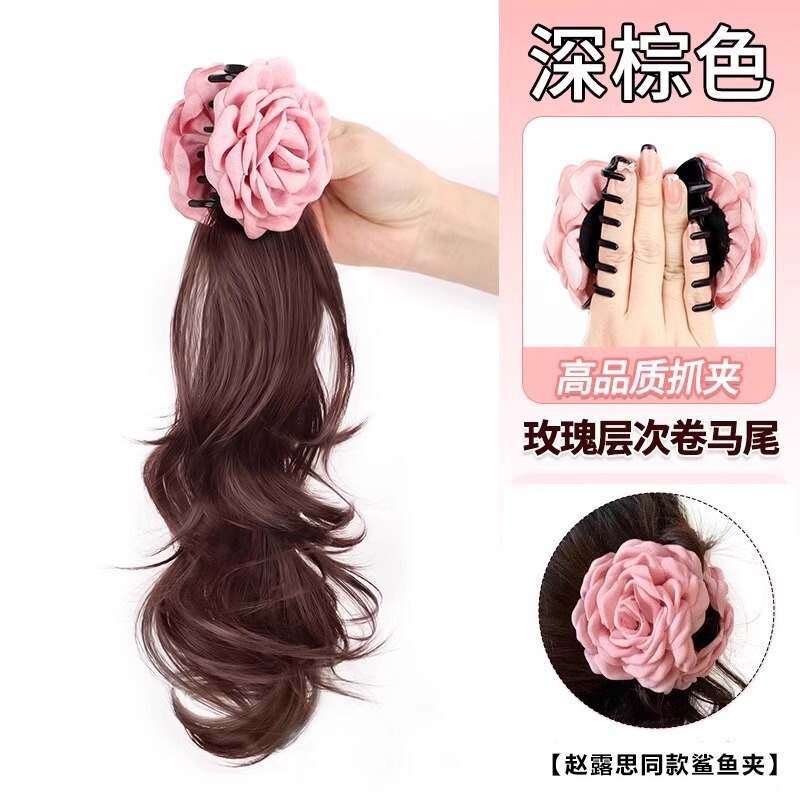 ウィッグポニーテールレッドローズフラワーヘアピン女性のサイドクリップ少しカーリーウィッグポニーテール人工毛グリッパーポニーテール|undefined