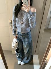 波点针织开衫女早秋新款露肩修身毛衣显瘦长袖设计感小众斜肩上衣