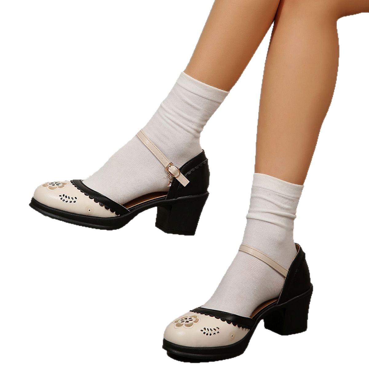Lente nieuwe collectie dames ballerina's met dikke hak, Romeinse stijl, uitgehold, plus size, middelhoge hak, Mary Jane schoenen maat 43, elegant en comfortabel schoeisel._voghion.com