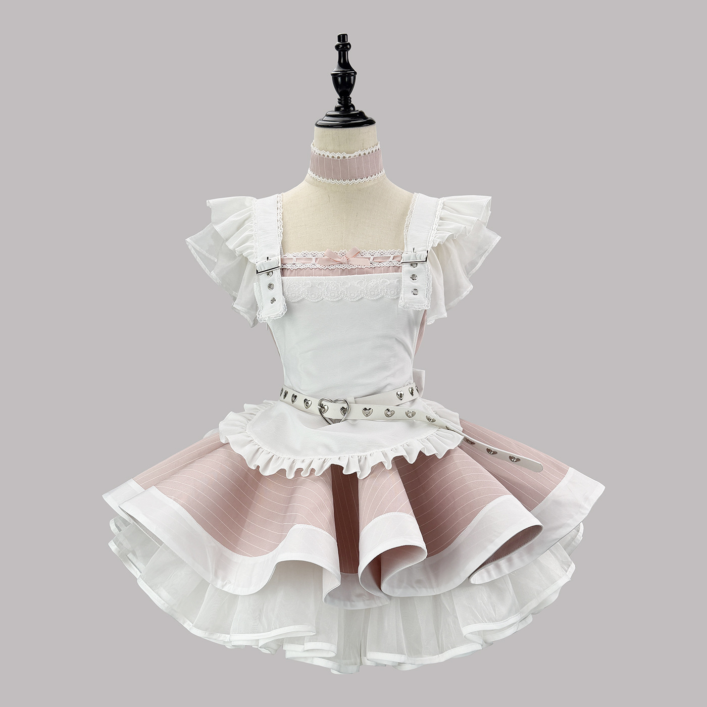 Reproduction~Japanese retro subculture maid outfit with pink and white stripes, soft girl Lolita style, cute short maid dress