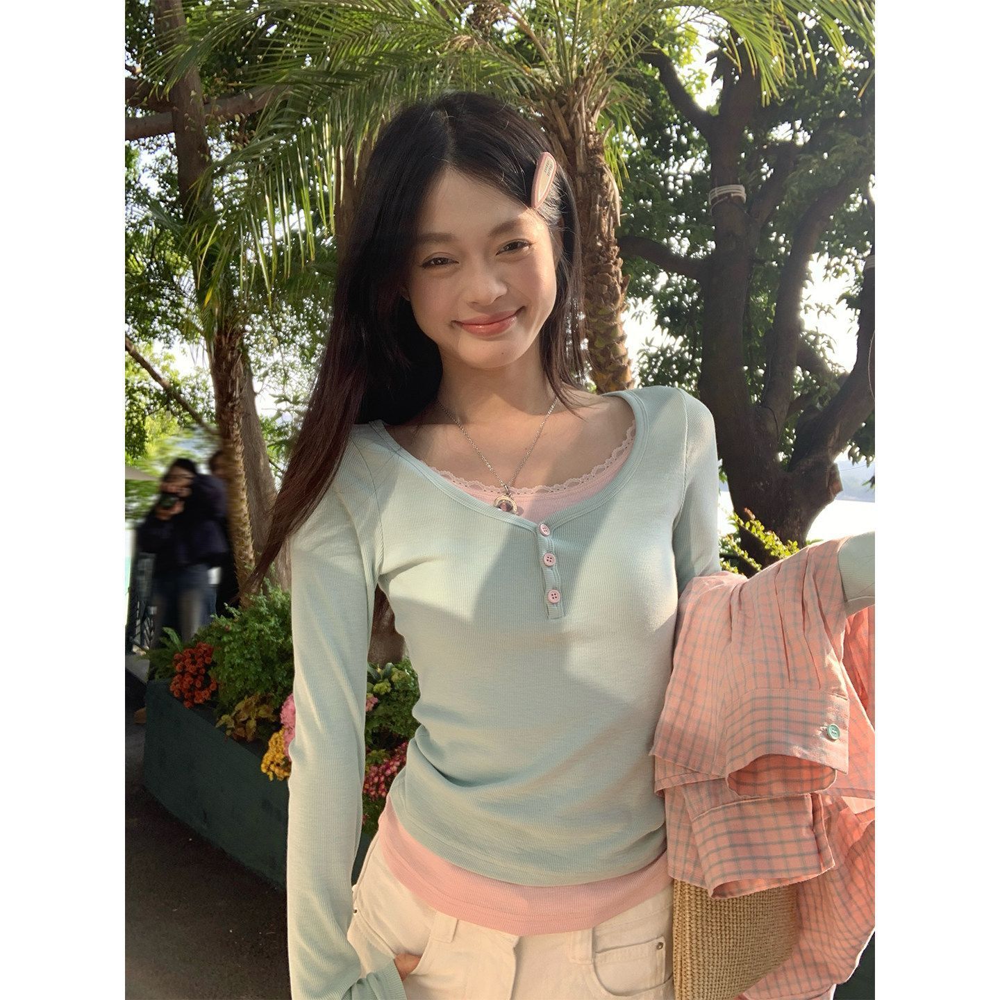纯欲风假两件蕾丝花边长袖t恤女春季韩系修身短款辣妹打底衫上衣