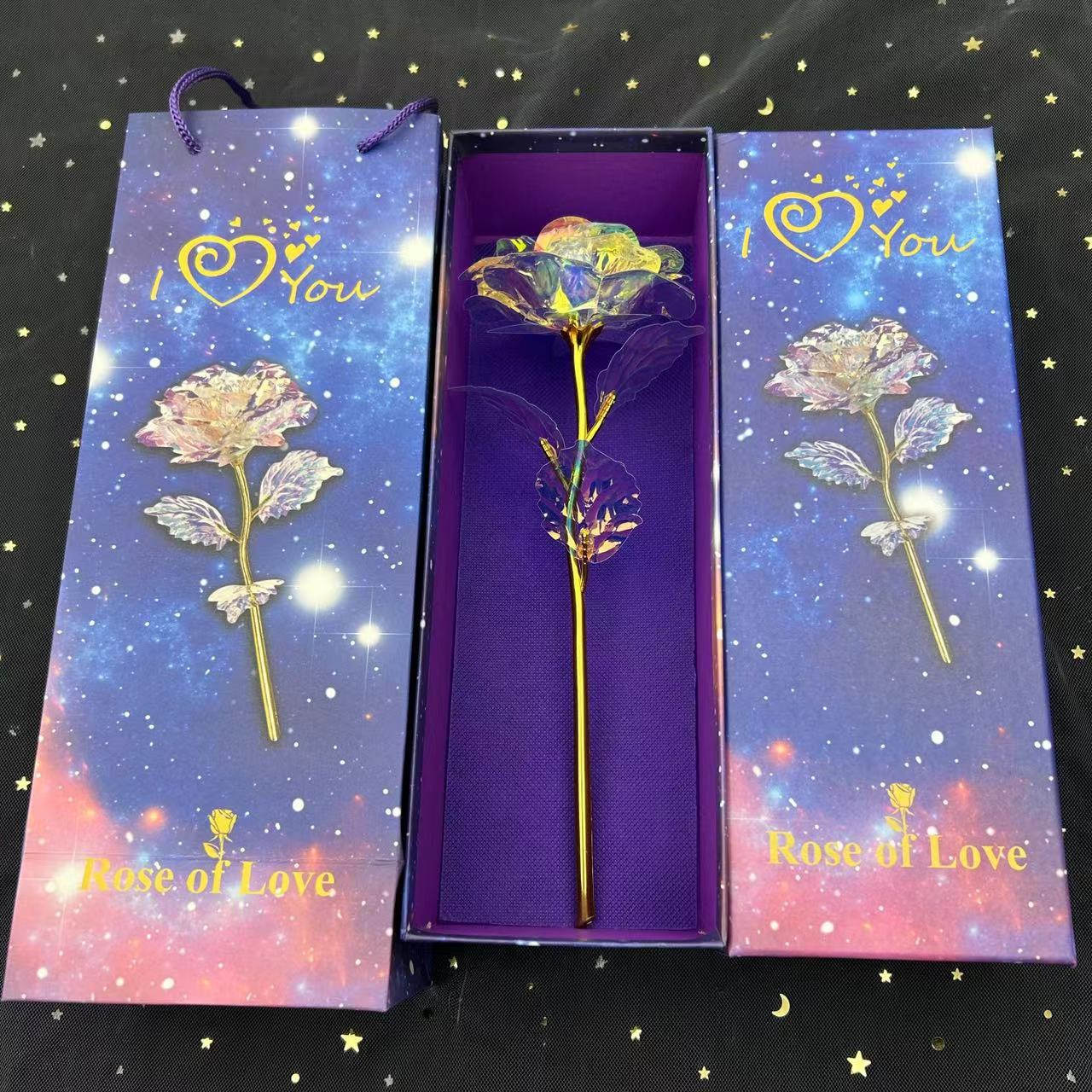 Rosa Dorada Artificial, Regalo para el Día de San Valentín o Qixi, Caja con Diseño de Cielo Estrellado, Adornos Creativos para Puestos Navideños
