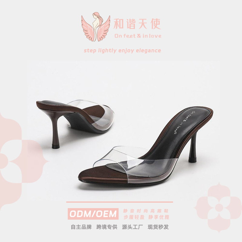 2025 Summer New Fashion European and American Style Pointed Toe Open Toe High Heel Sandals for Women with Stiletto Heels Simple One-Strap Slippers